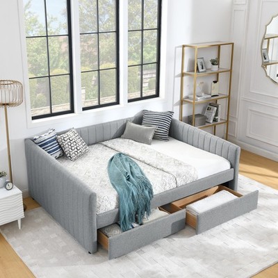 Queen Size Daybed with Two Drawers Trundle Upholstered Sofa Bed, with Vertical S