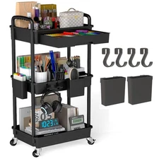 3 Tier Rolling Utility Cart with Drawer, Plastic Storage Organizer Rolling Ca...