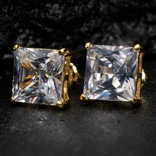 Aretes cuadrados enchapados en oro de corte princesa para hombre con poste trasero atornillado