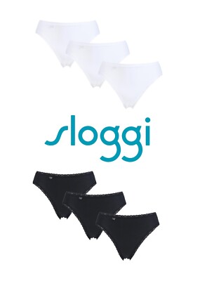 Sloggi Womens Briefs Cotton 24/7 Tai Lace Soft Plain Black and White 3 Pair Pack