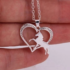 Silvery 1" Rhinestone HEART with HORSE Pendant Necklace 16" Chain (#30)