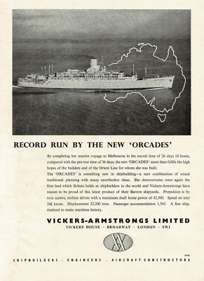 1940s Vintage Orcades Orient Line Cruise Ship Vickers Armstrongs Photo Print Ad