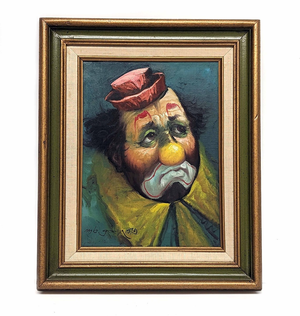 Vintage Art Sad Clown Oil Painting Canvas Framed Signed 1979 14