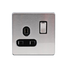 Screwless Slim Brushed Chrome Steel Silver Light Switches & Sockets Black Insert