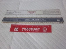 Lot of 3 vintage advertising Rulers K-mart pharmacy, Bank, Farm equipment