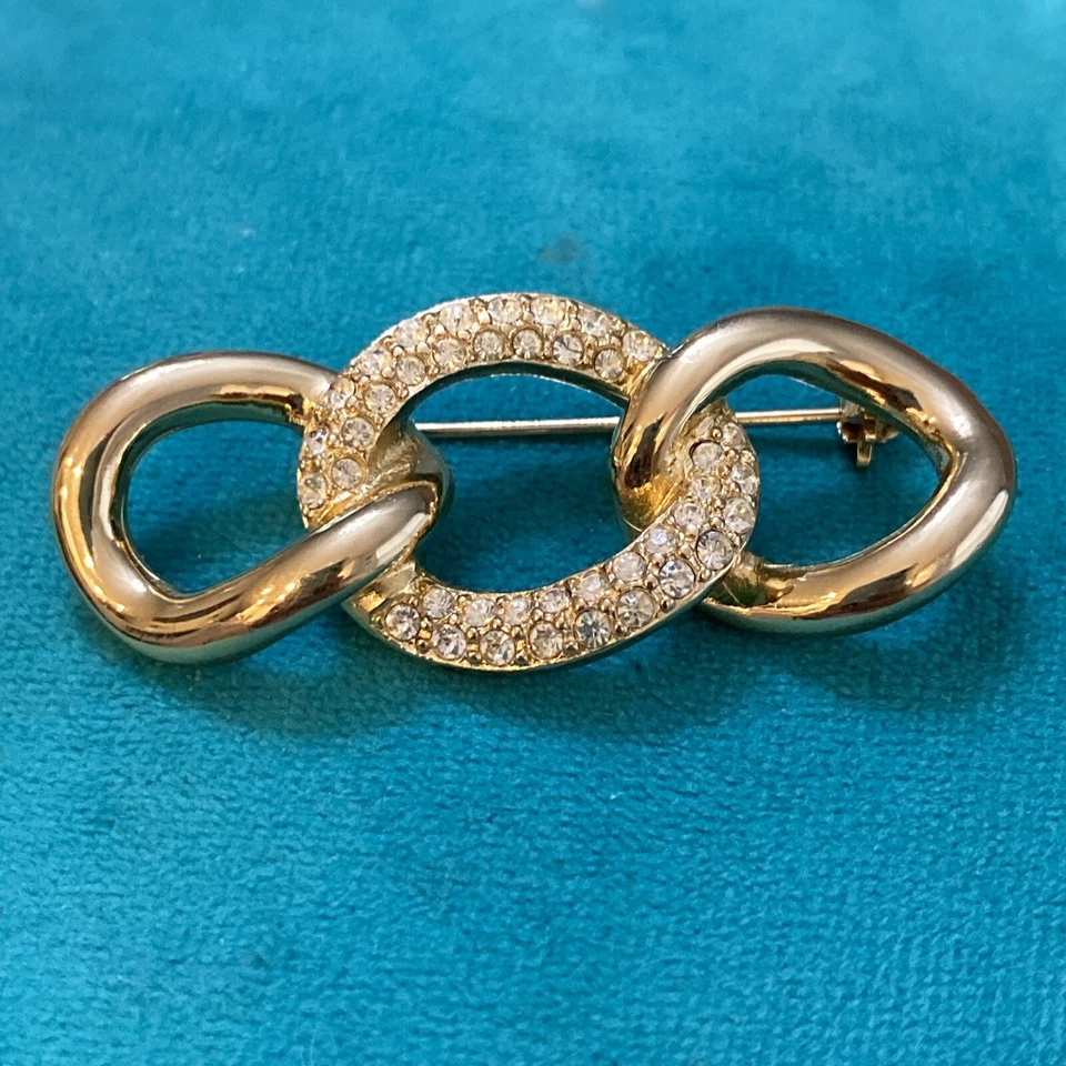 Vintage Christian DIOR Crystal Chain Link Brooch Goldtone Signed Sparkles Pretty