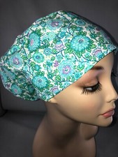 Euro Scrub Hat Flowers Floral Surgical Cap CRNA CNOR CORT MD Chef Aqua Blue
