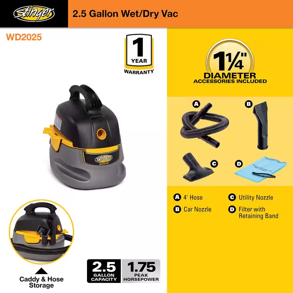 Portable 2.5-Gallon Wet/Dry Shop Vac – 1.75 HP, 49 CFM, Blower Port, 120V, 10ft Cord