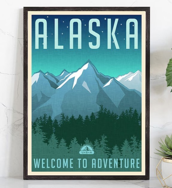 Retro Style Travel Poster, Alaska Vintage Rustic Poster Print, Home Wall Art