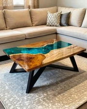 Modern Green Epoxy Resin Dining Table | Live Edge Wood Top | Home Decor Gifts
