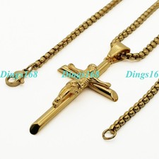 18K Yellow Gold Filled INRI Jesus Christ Cross Pendant Box Chain Necklace E378