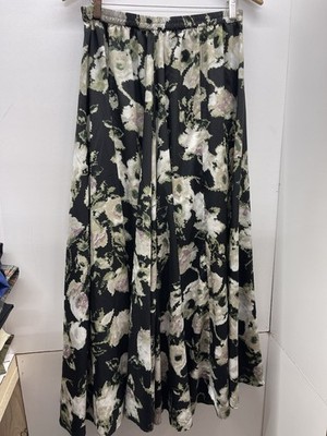 Lucky & Coco Black Floral Maxi Skirt with Elastic Waist - Flowing A-Line Sz L