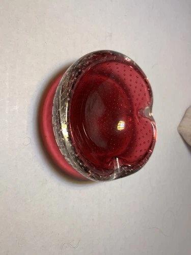 Murano Italy Cranberry Art Glass Ashtray Bowl Controlled Bubble Bullicante MCM