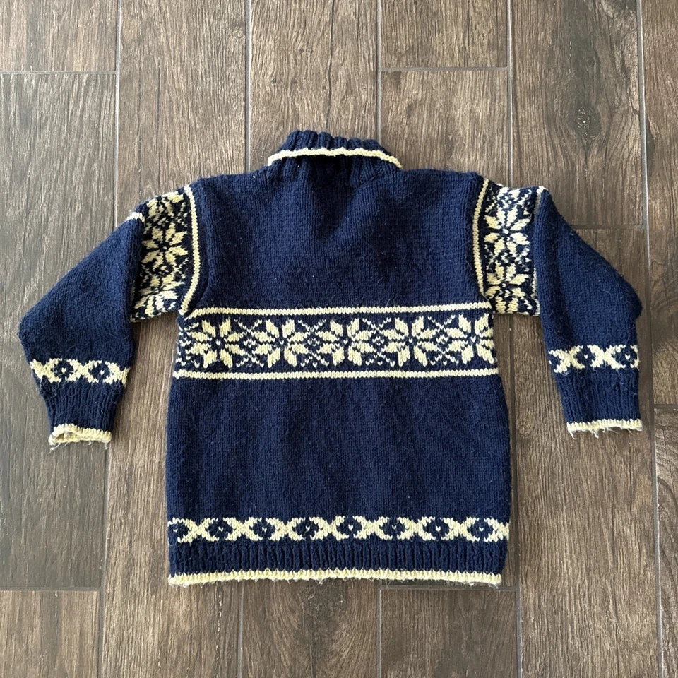 Hand Knit Fair Isle Shawl Collar Sweater Kids Med 7/8 Navy Yellow Snowflakes - Image 2 of 4
