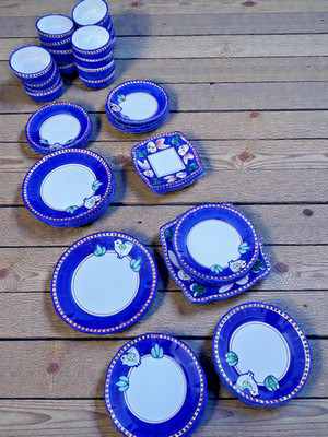 Vietri Solimene Campagna Chicken Fish Dinner Plate Mug Bowl Red Dots Italy
