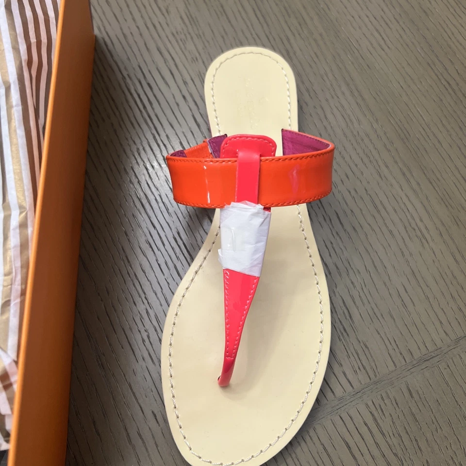 Sandalias Kate Spade Tanga Cuero Talla 7 M Bloques de Color Charol Neón Naranja Rosa Foto 2 de 4
