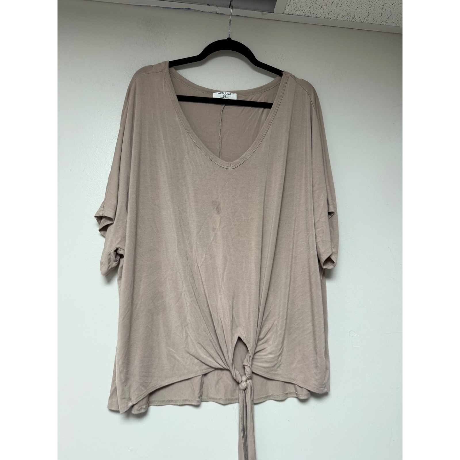 ZENANA Taupe V Neck Dolman Sleeve Tie Front Tunic Top Plus Size 2X