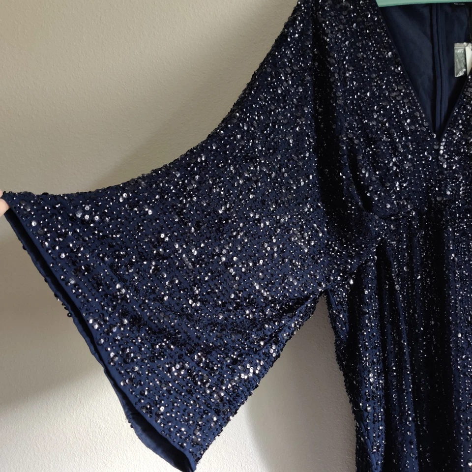 Vestido midi glamuroso lápiz lentejuelas kimono azul marino edición ASOS talla 18 fiesta boda Foto 2 de 4