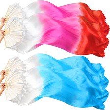 2 Pairs Belly Dance Fans 1.8M/6 Ft Long Bamboo Faux Silk Veils Fans for Women...