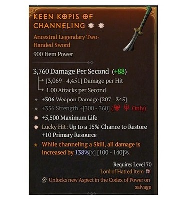 Diablo 4 Season 13 Keen Kopis of Channeling 2GA Legendary Sword Weapon Gear Item