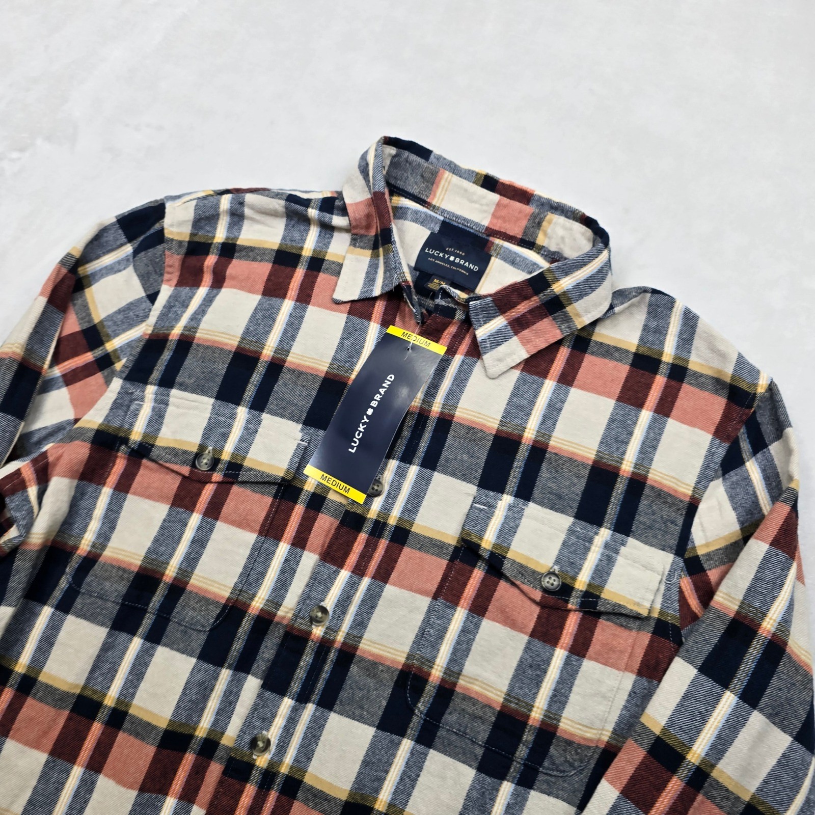 Lucky Brand Plaid Flannel Shirt Mens Medium Brown Orange Long Sleeve ...