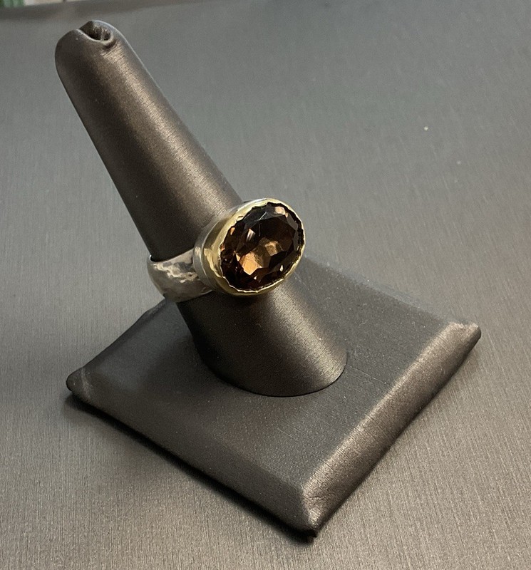 Sterling Silver & 14k Smoky Quartz Ring Size 9