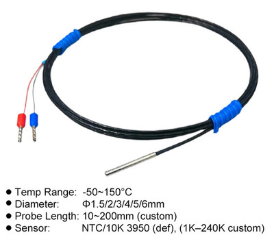 Temperature Sensor NTC 10K Waterproof Thermistor Probe Stainless Steel Cable