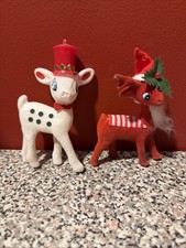 Vtg Flocked Reindeer Christmas Ornaments
