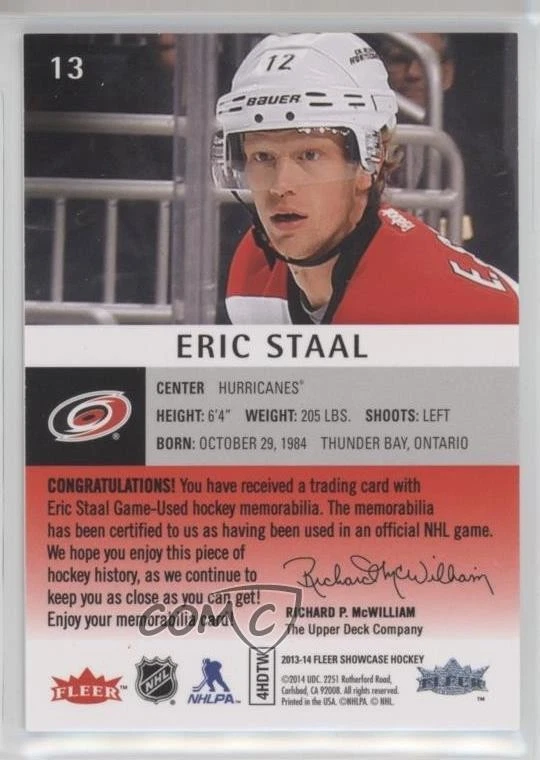 2013-14 Fleer Showcase Jersey Red Glow /36 Eric Staal #13 - Image 2 of 2