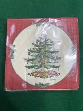 40 3-ply Spode Christmas Tree Paper Beverage Cocktail Napkins Red Border
