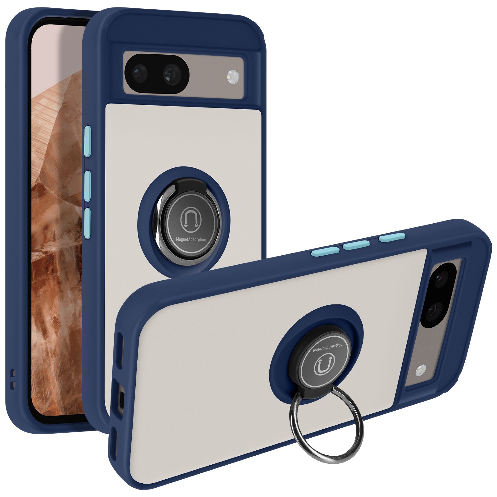 Coque Ring pour Pixel 8A Antichoc, Protection Arrière Silicone Bleu Nuit avec Support