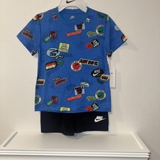 Nike Kids Club T-Shirt  Shorts Set size 7 Boys Blue All Over Graphics