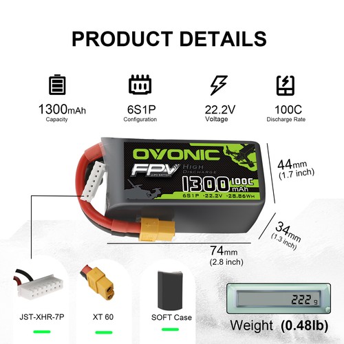 Ovonic 6S Lipo Akku 22.2V 100C 1300mAh für 5'' RC Drohnen Quad flugzeug - Bild 2 von 6