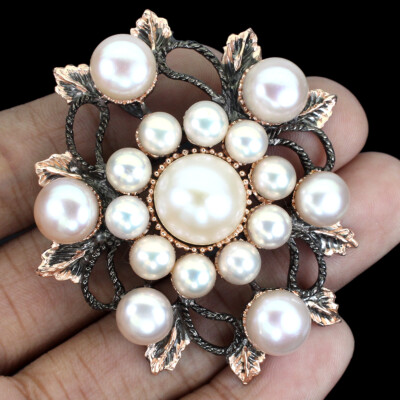 925 Sterling Silver Brooch Round Pink Pearl 14mm Natural Jewelry