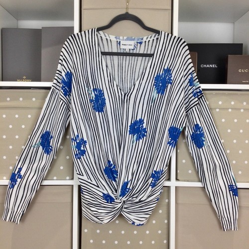 Bimba Y Lola Fine Knit Jumper Medium Blue Floral Stripe V Twist Top Quiet Luxury