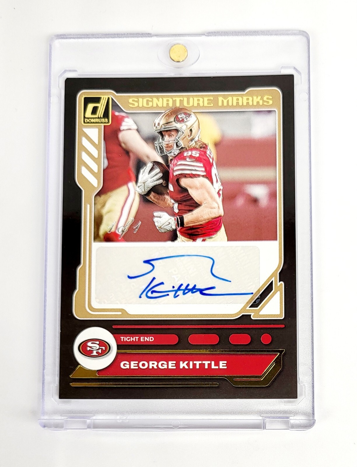1/1 BLACK BORDER AUTO 2023 DONRUSS GEORGE KITTLE SIGNATURE SERIES SAN FRANCISCO