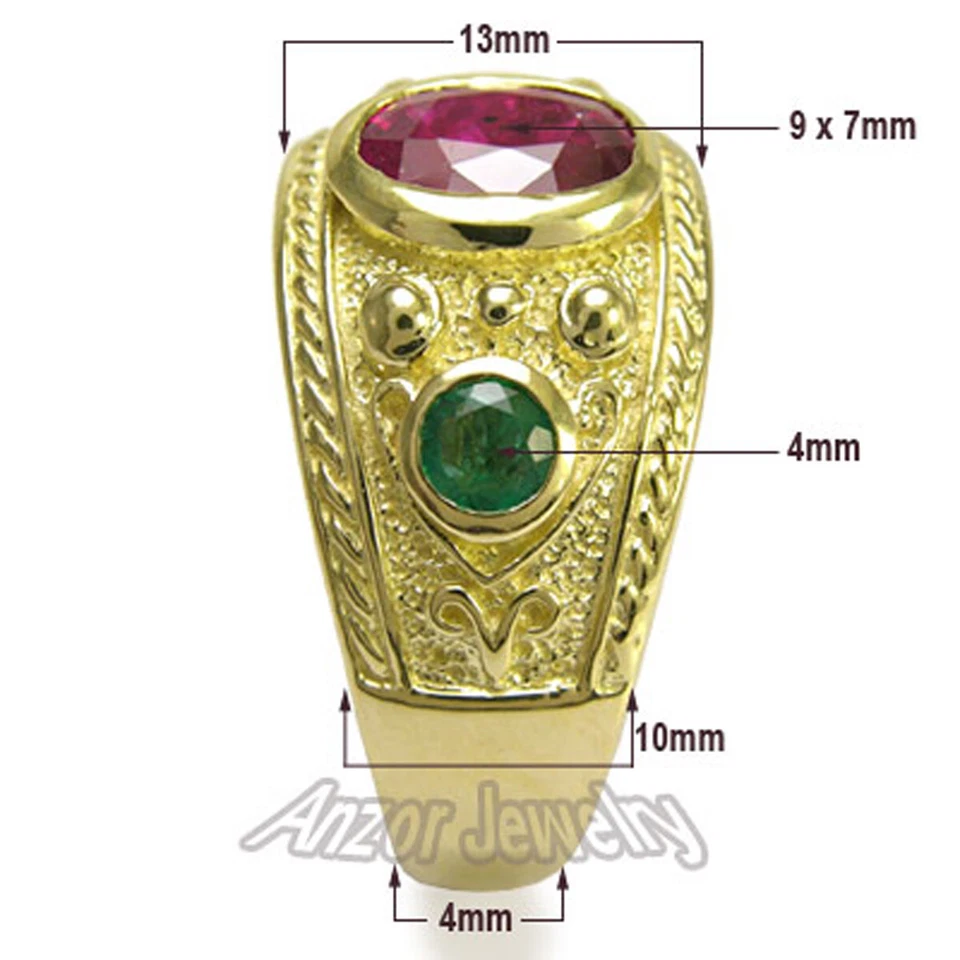Men's 14k Gold Three-Stone Ruby Sapphire Emerald Ring, Sizes 8 to 14  - Image 4 of 4