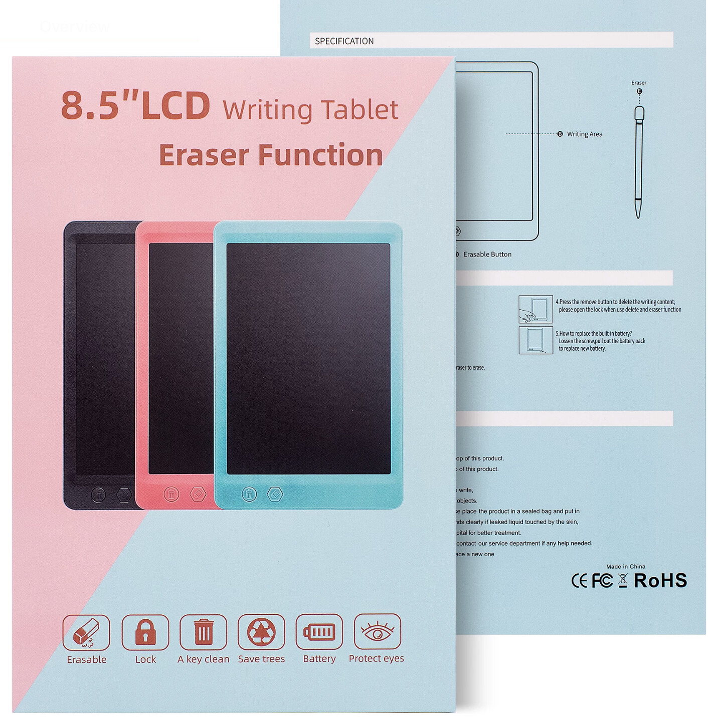 8.5/10 inch LCD Digital Notepad Writing Drawing Tablet Partial Erase