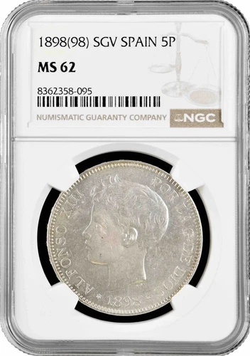 Spain 5 pesetas 1898 SGV, NGC MS62, "King Alfonso XIII (1886 - 1931)"
