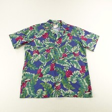 Vintage Hilo Hattie Shirt Large Blue Green Hawaiian Aloha Floral Camp Button Up