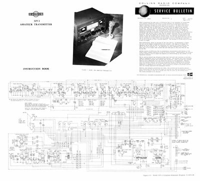 COLLINS 32V-2 INSTRUCTION / SERVICE MANUAL + 11 x 17'' SCHEMATIC + BULLETINS