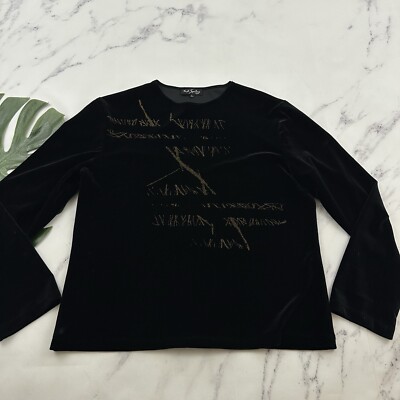 KD Spring Womens Vintage Y2k Velvet Top Size L Black Brown Leaf Print Stretch