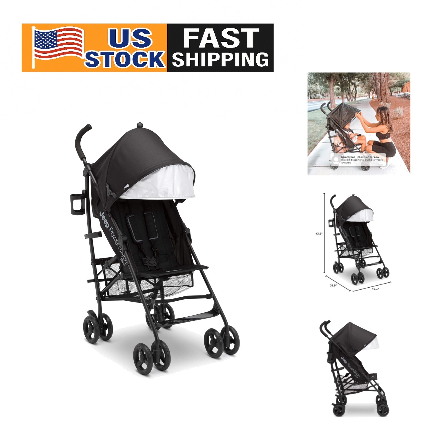 Jeep PowerGlyde Stroller with Smooth Ride, Large Storage & UPF 50+ Canopy