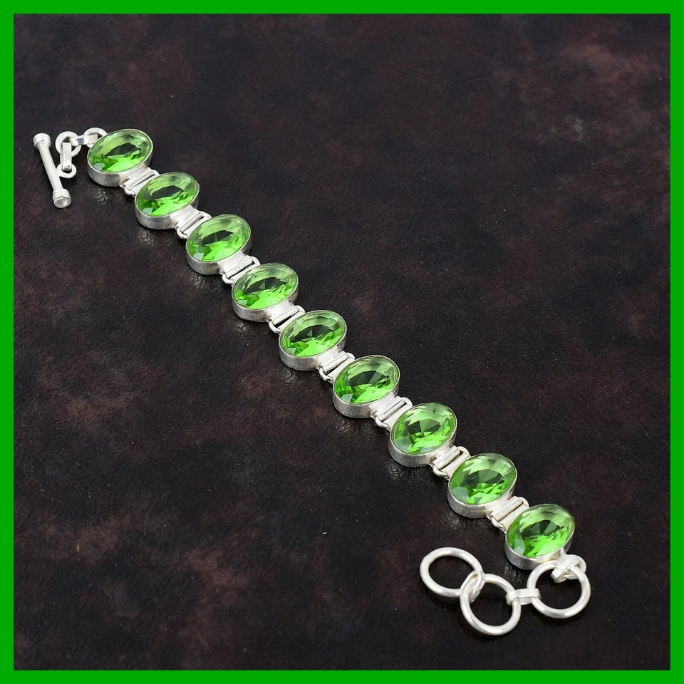 Pulsera Ovalada Cadena de Piedras Preciosas Amatista Verde Art Deco Joyería Plata de Ley 925 Foto 2 de 4