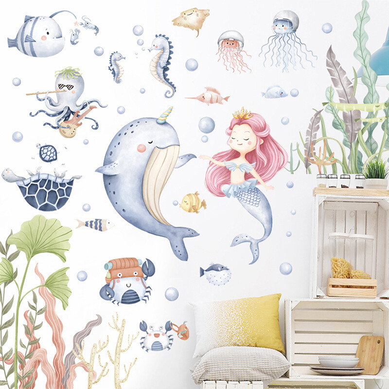 Dolphin Mermaid Wall Stickers For Kids Rooms Cartoon Ocean Fish Decal ...