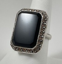 Sterling Silver 925 Large Black Chalcedony Ring With Marcasite Accents Size 8
