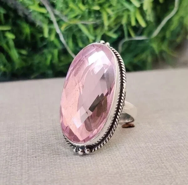 Anillo de cumpleaños de plata de ley 925 hecho a mano con piedras preciosas de cuarzo rosa todas las tallas R410 Foto 4 de 4