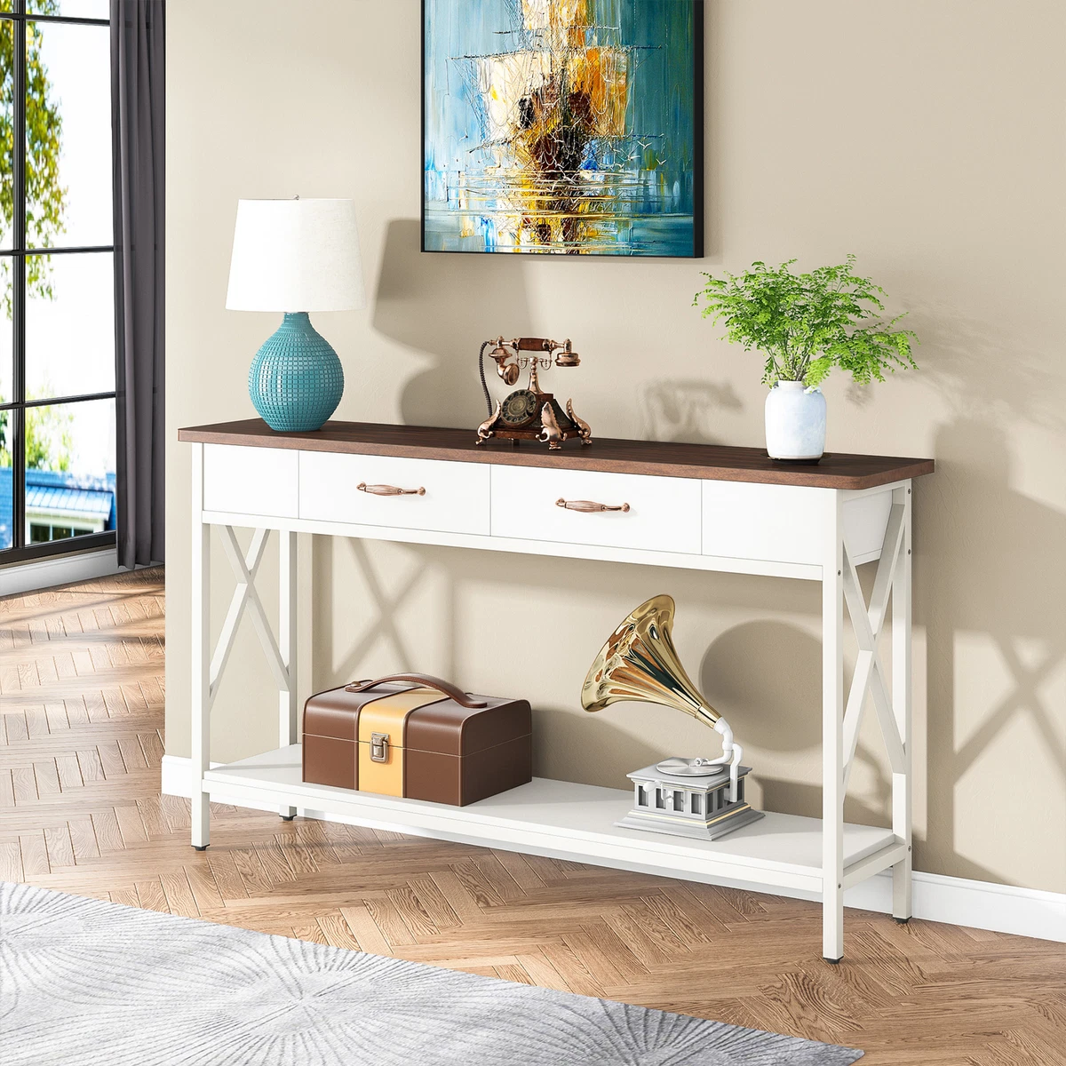 Narrow Behind Couch Sofa Console Table with Drawers Wood Entryway Hallway Table
