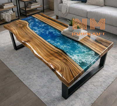 Handmade Live Edge Walnut Epoxy River Table, Ocean Blue Resin Coffee Table Top