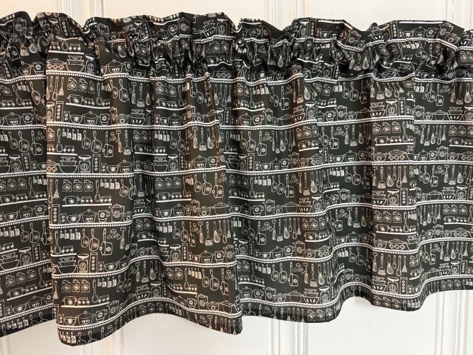 Handmade Kitchen Sketch window Valance Curtain Pots Pans RV Camper Curtains